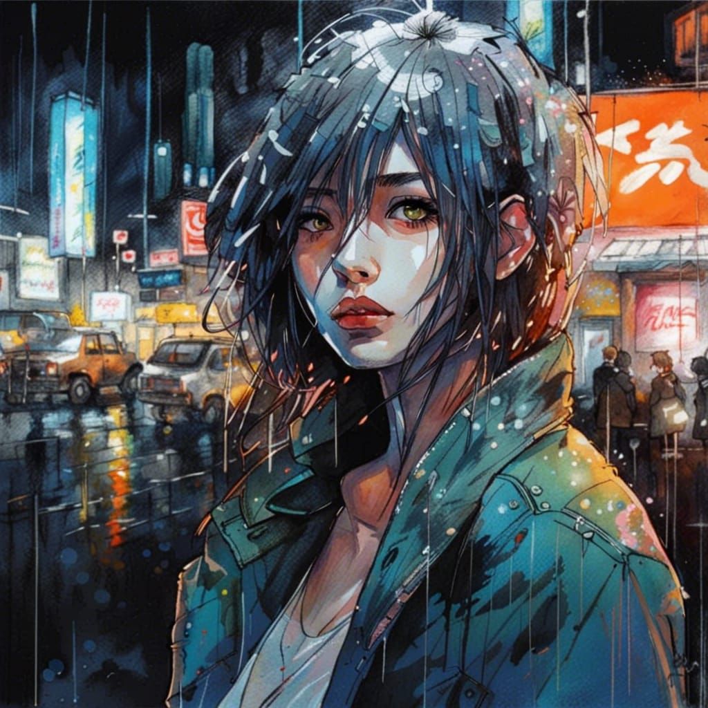 Anime Girl in Neon City: Watercolor Fantasy Portrait