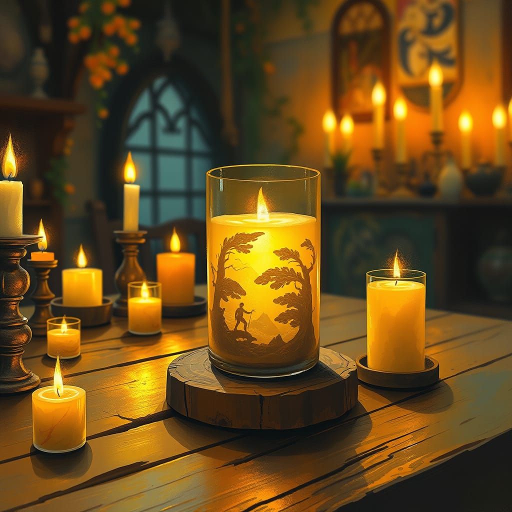 Luminous Yellow Candle With Hidden World, Fantasy Art