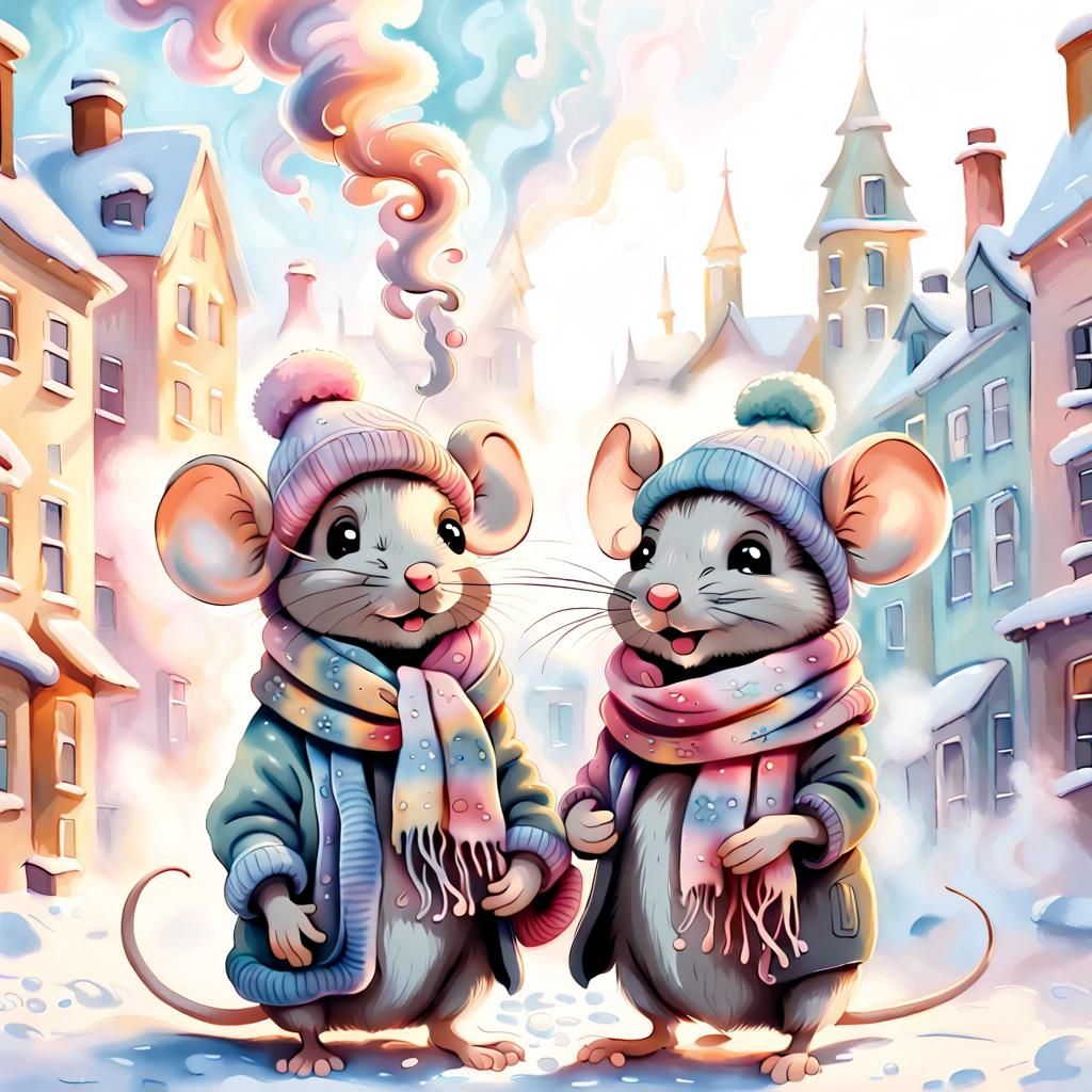 Cozy Pastel Mice in Winter Cityscape