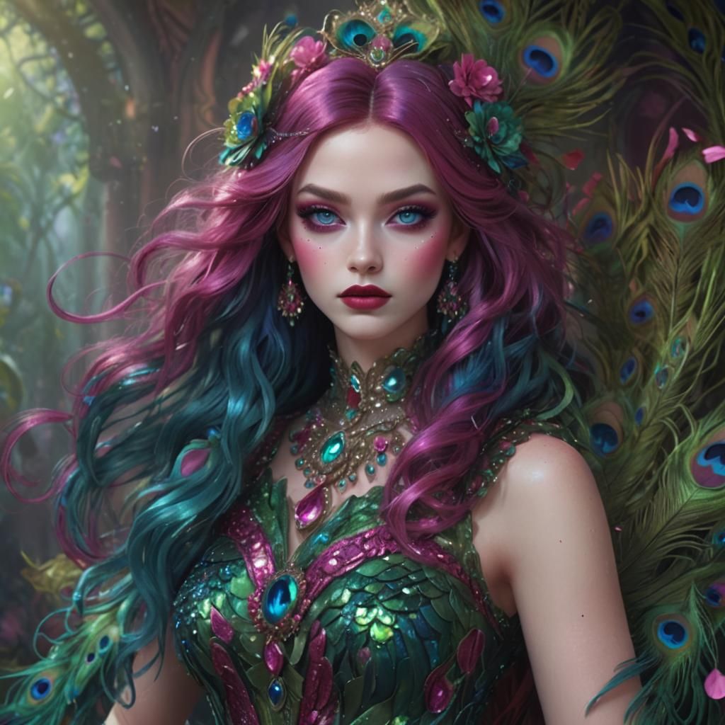 Peacock Haired Woman with Jewels: Disney-Inspired 3D Art