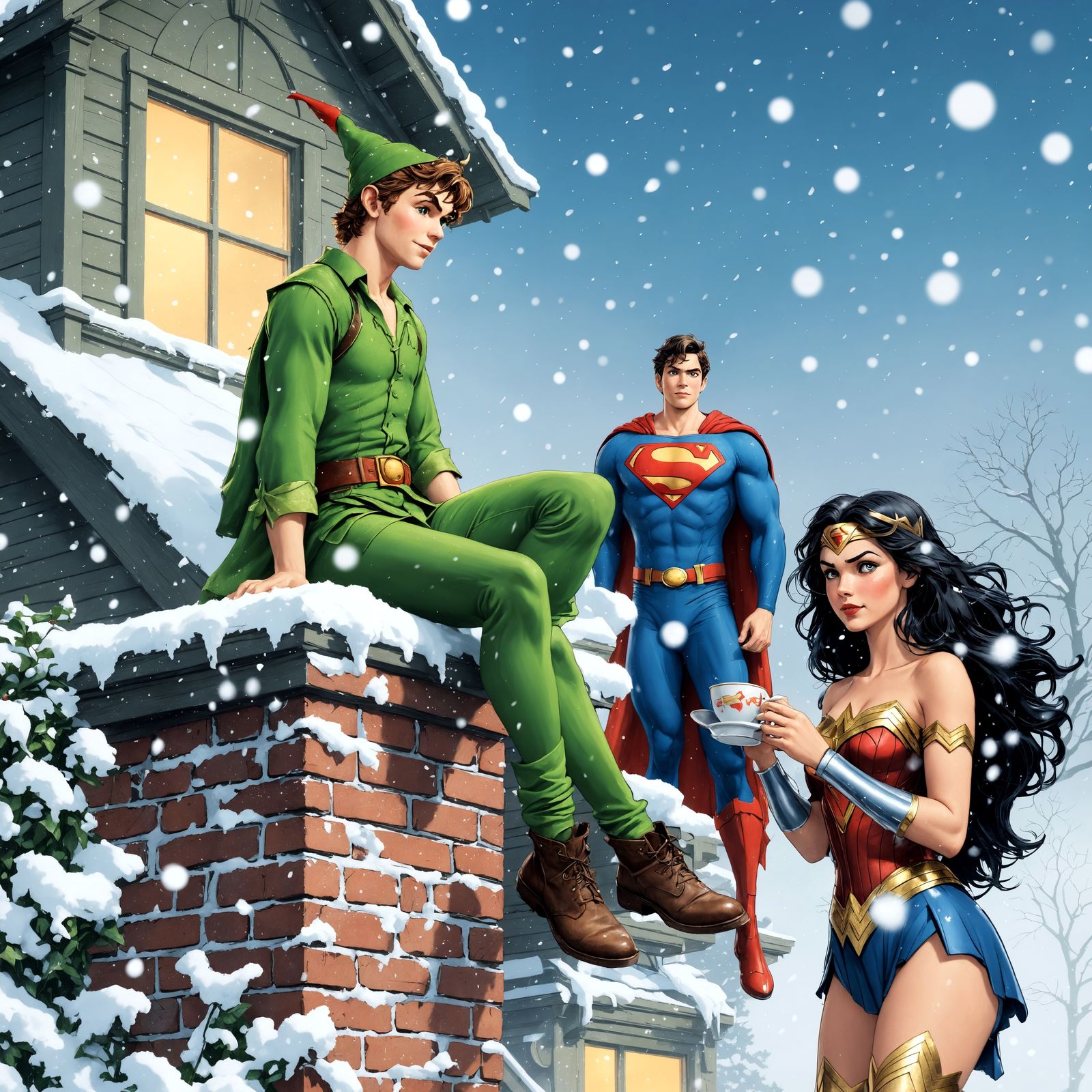 Whimsical Winter Scene with Pan, Superman, and Wonder Woman