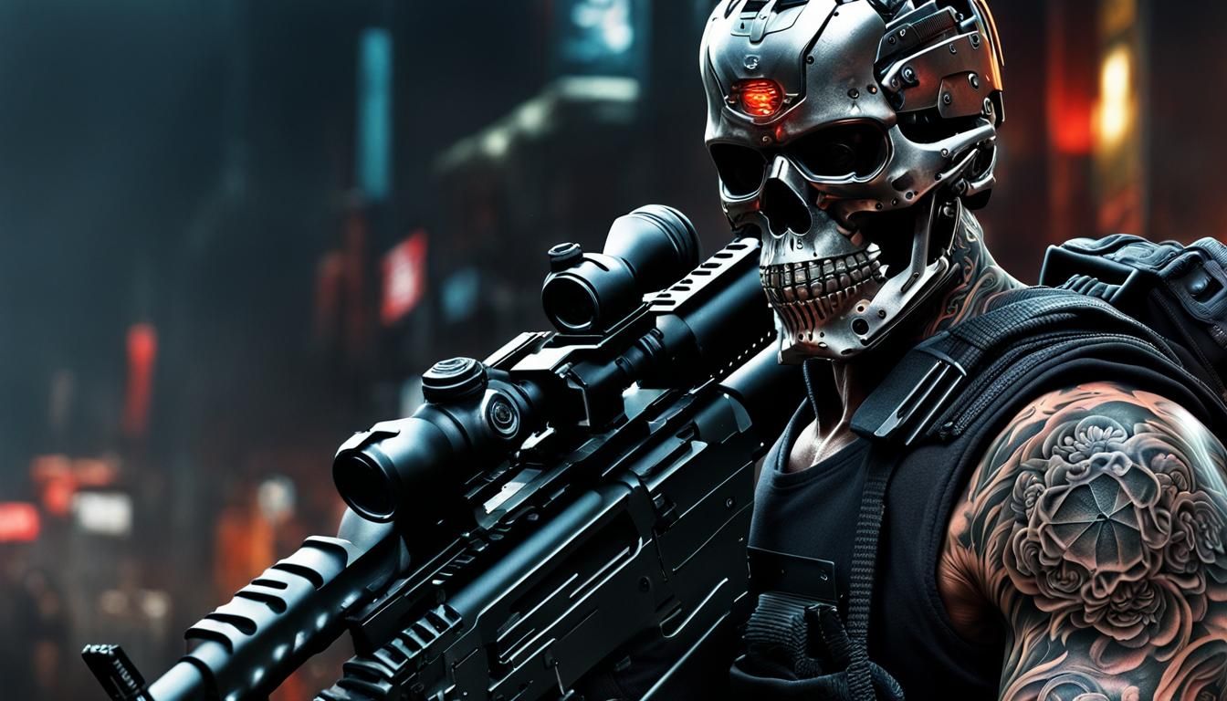 Hyperrealistic Terminator Tattooed Man with Machine Gun