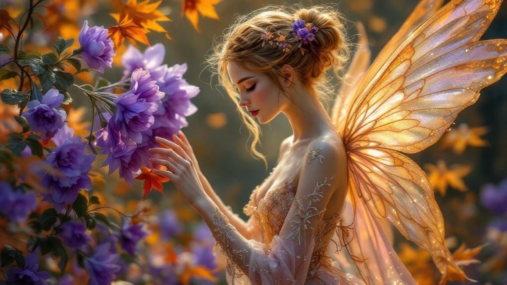 Ethereal Fairy Touches Purple Flowers in Autumn Glow