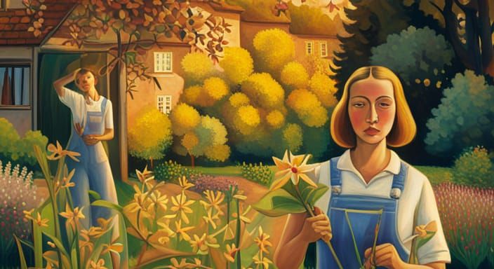 English Garden Portrait in Retro Art Deco Style