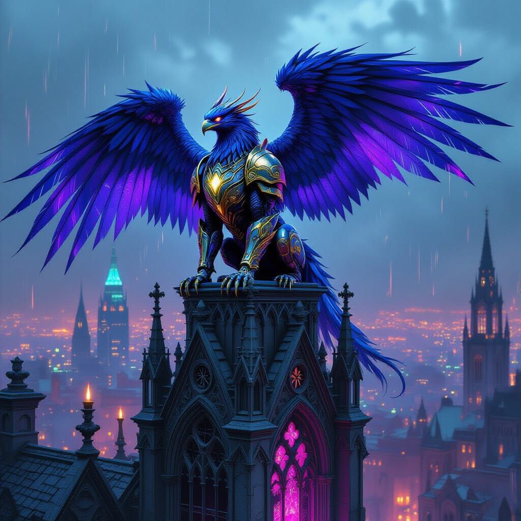Cybernetic Griffin Perched Above Cyberpunk City