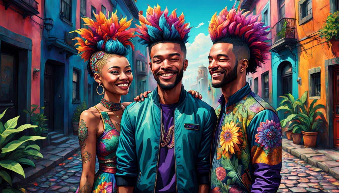 Bi-Racial Couple Smiling on Cobblestone Street in Vibrant Di...