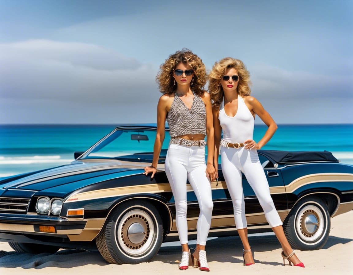 Girls in 80s Convertible, Hyperrealistic Digital Art