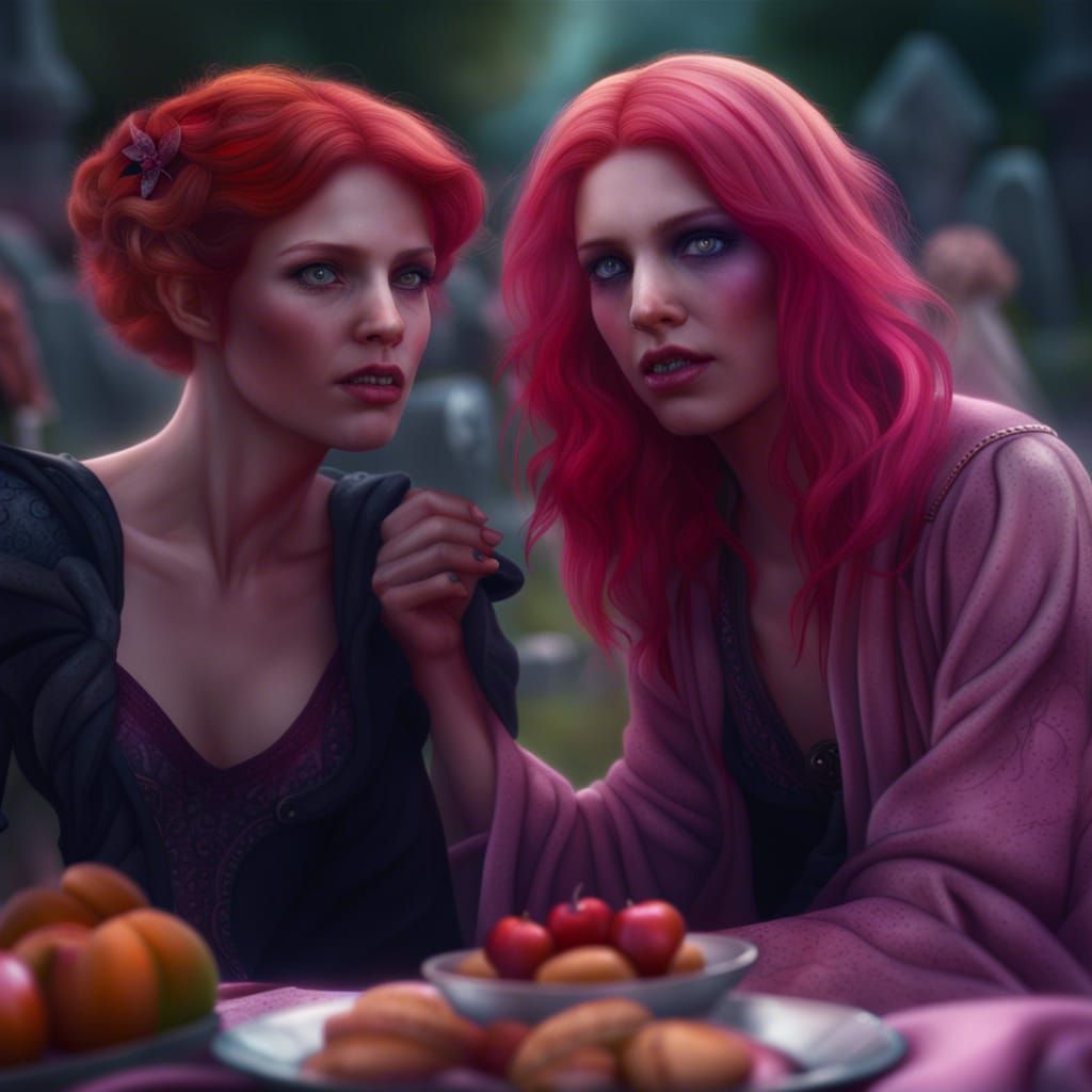 Cemetery Picnic with Red-Haired Woman and Reaper