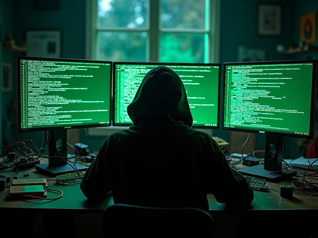 Cyberpunk Hacker in a Dimly Lit Lair