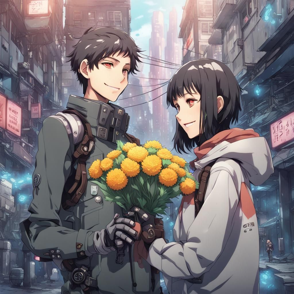 Boy and Cyborg Girl in Cyberpunk Anime Style