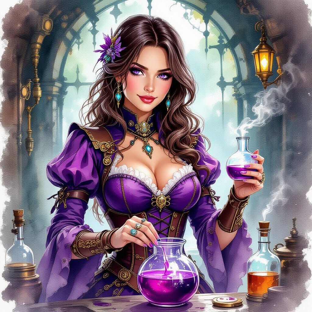Steampunk Sorceress Mixing Potion in Space