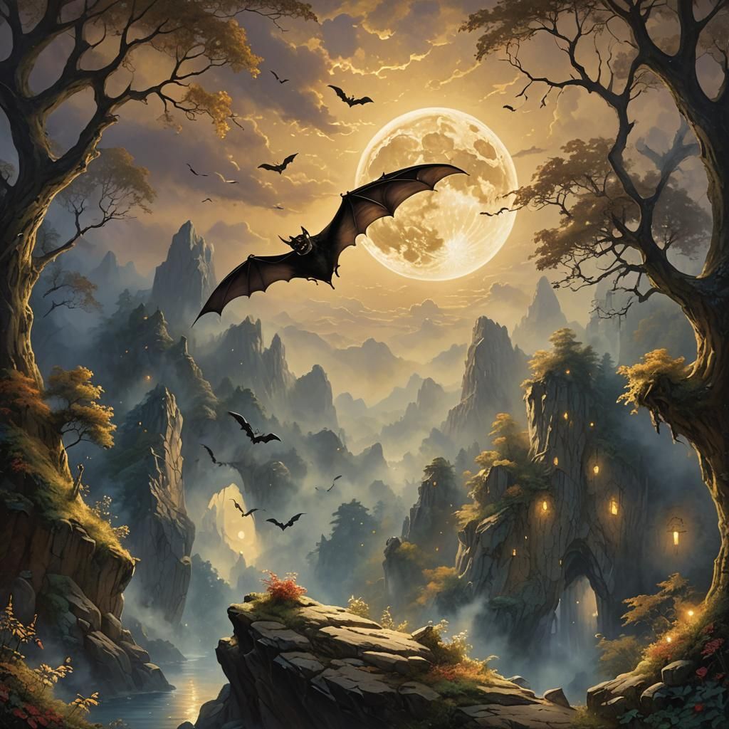 Bat Flight Over Forest in Ethereal Fantasy Style
