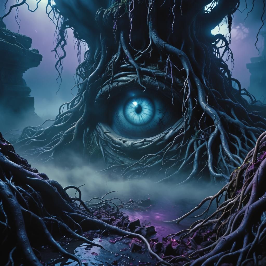 "From the depths of a ancient well, eyes glow with dynamic lighting (evil:1.2) lurks."
Horror movie poster; Photorealist...