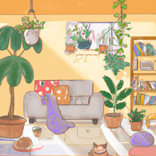 Cozy Anime Living Room with Lush Plants