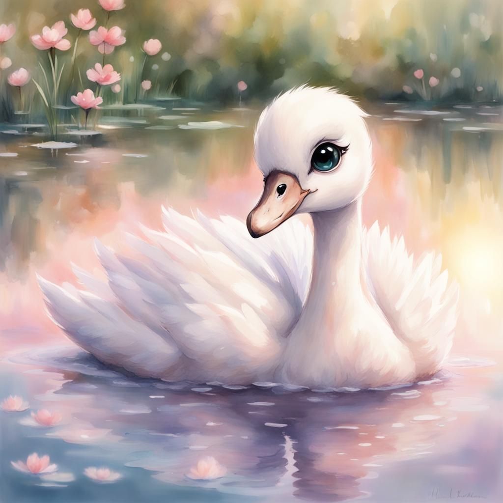 Chibi Baby Swan on Peaceful Lake in Watercolor
