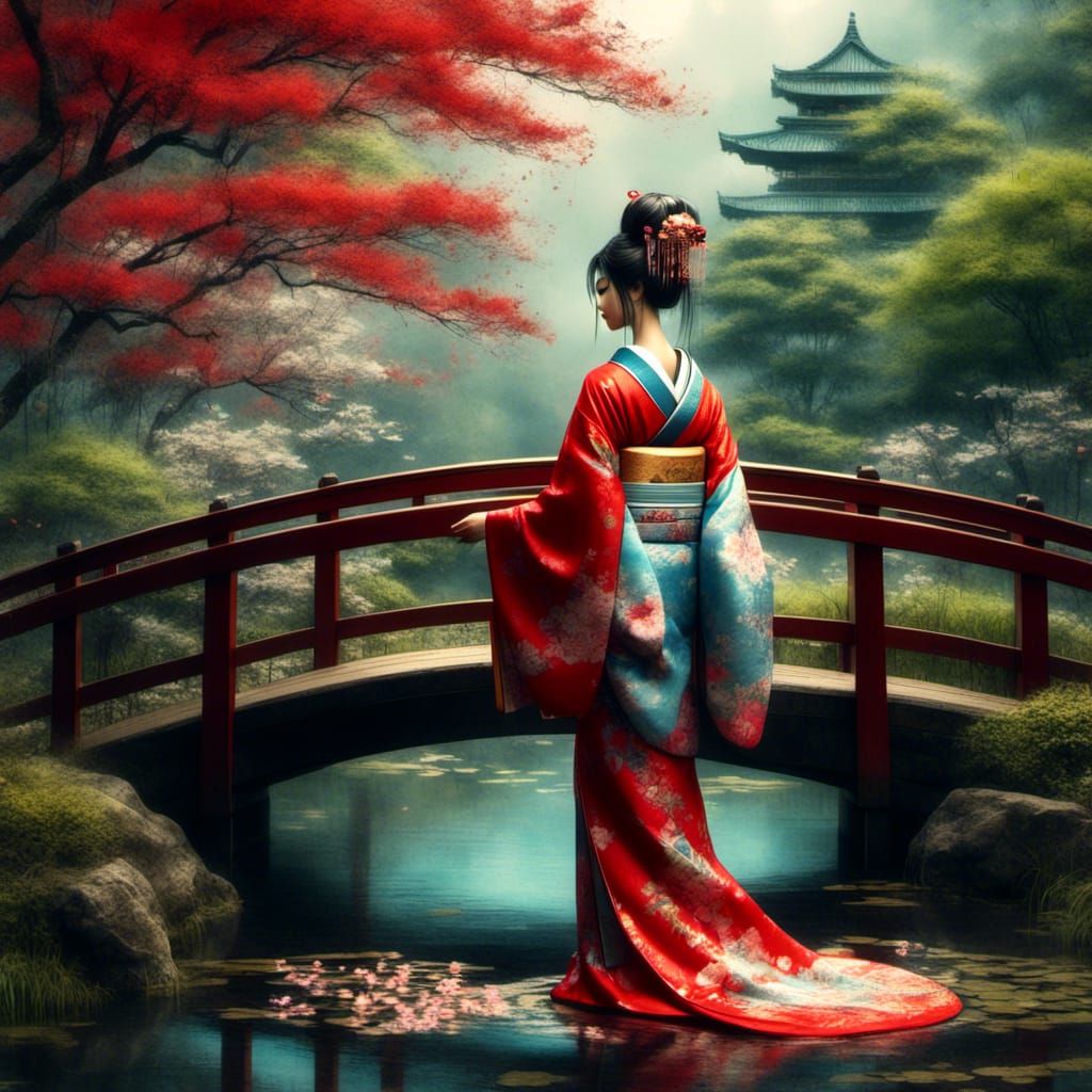 Elegant Geisha Walks on Japanese Bridge in Summer