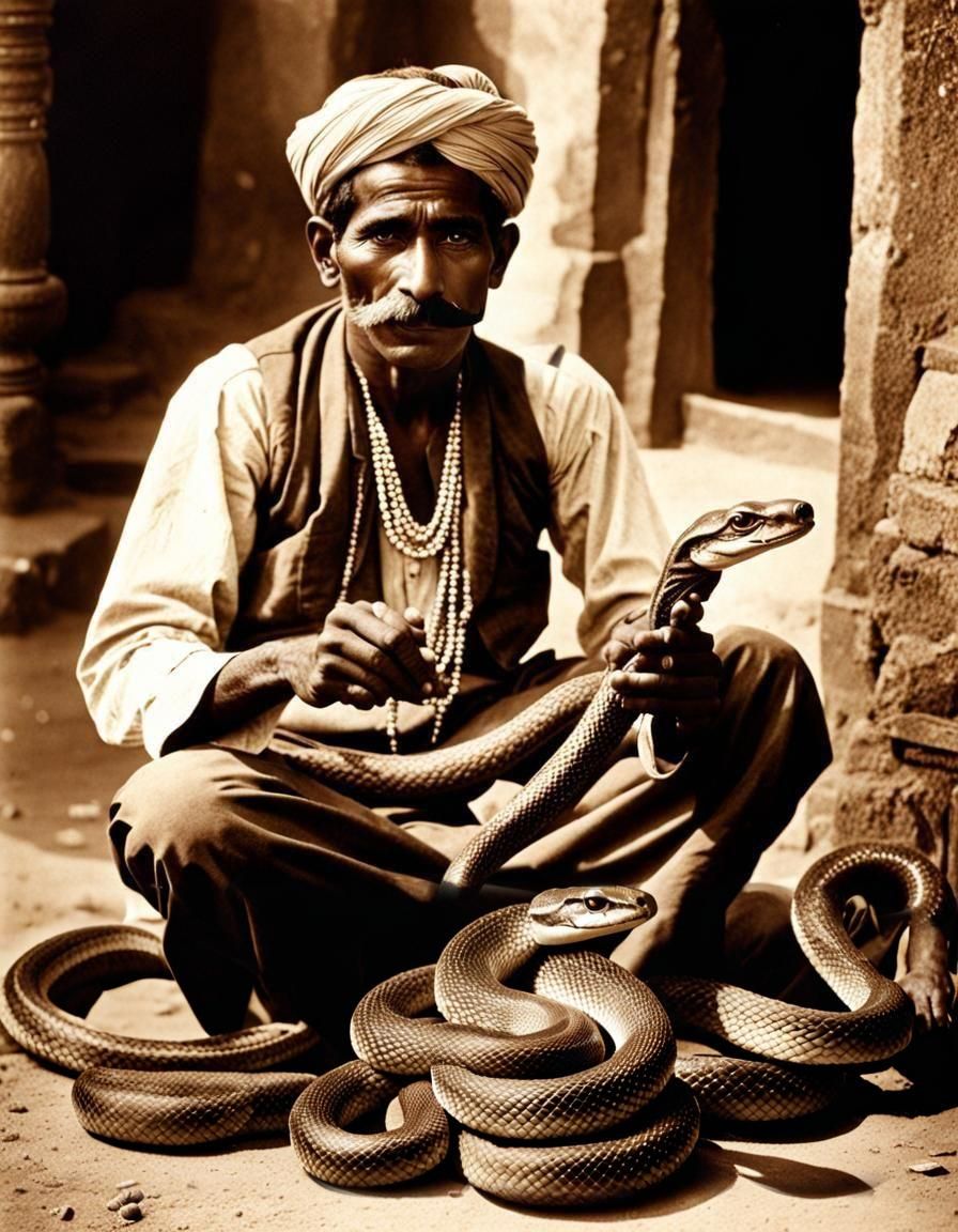Indian Snake Charmer in Sepia Tone