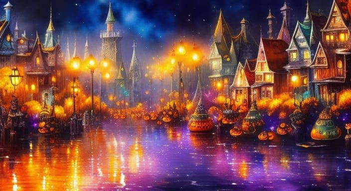 Fantasy Halloween City in Watercolor