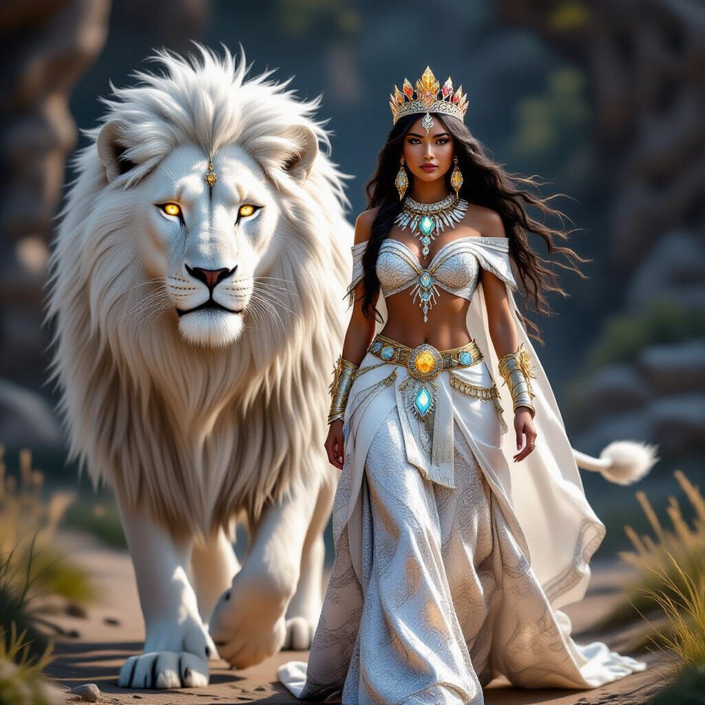 Radiant Queen and White Lion Fantasy Portrait