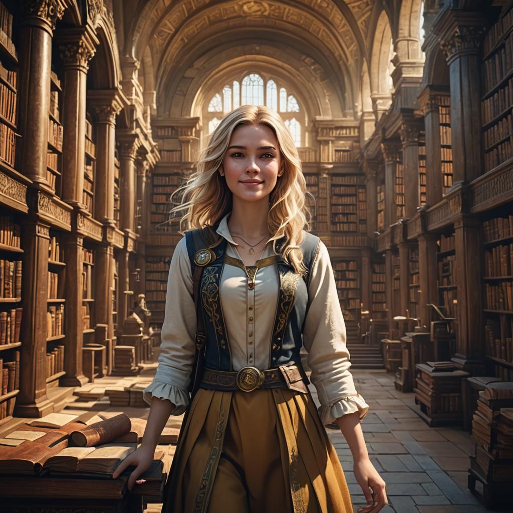 Teenage Girl Smiles in Ancient Library: Fantasy Concept Art