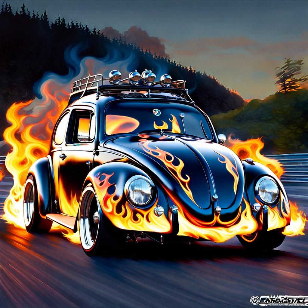 Awesome fast VW (1970’s Volkswagen Beetle hot rod with flames painted on the side. ) David Wisniewski Makoto Shinkai Max...