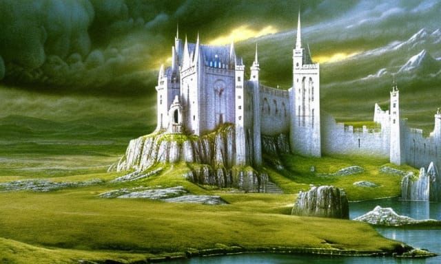 Elvish Castle on Rock Facing Blue Sea