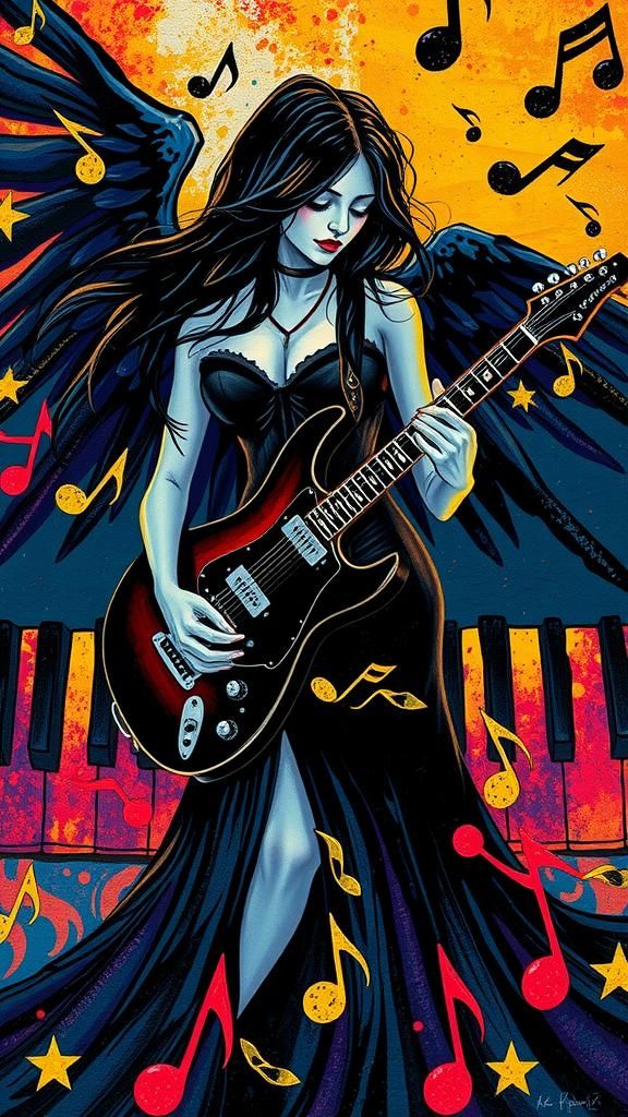 Hyper realism Sugar skull Lady Death as a gothic musician musical notes that resemble death scythe float in the ai...