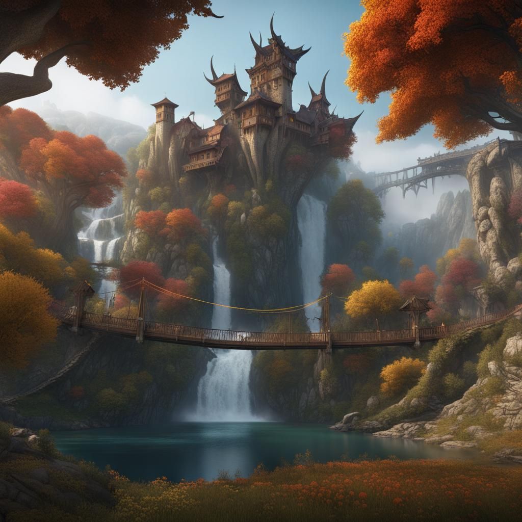 Fantasy Landscape with Dragons and Hillside Homes
