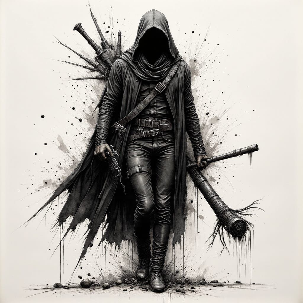 Stealthy Figure in Dark Attire, Ink Drawing Style