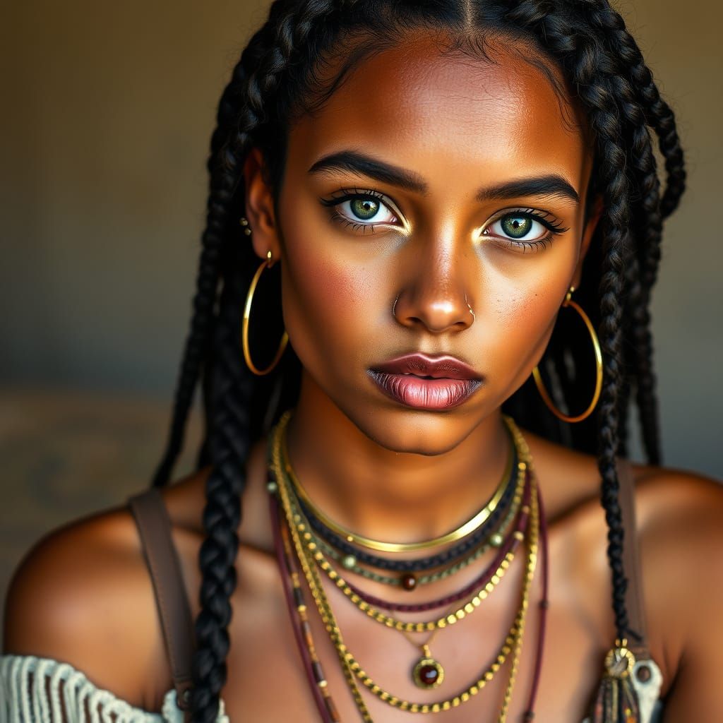 Confident Bohemian Beauty in Hyper-Realistic Portrait