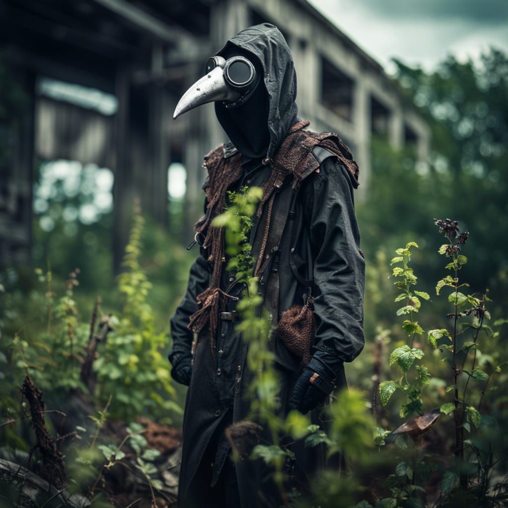 Dystopian Plague Doctor in Post-Apocalyptic Ruins
