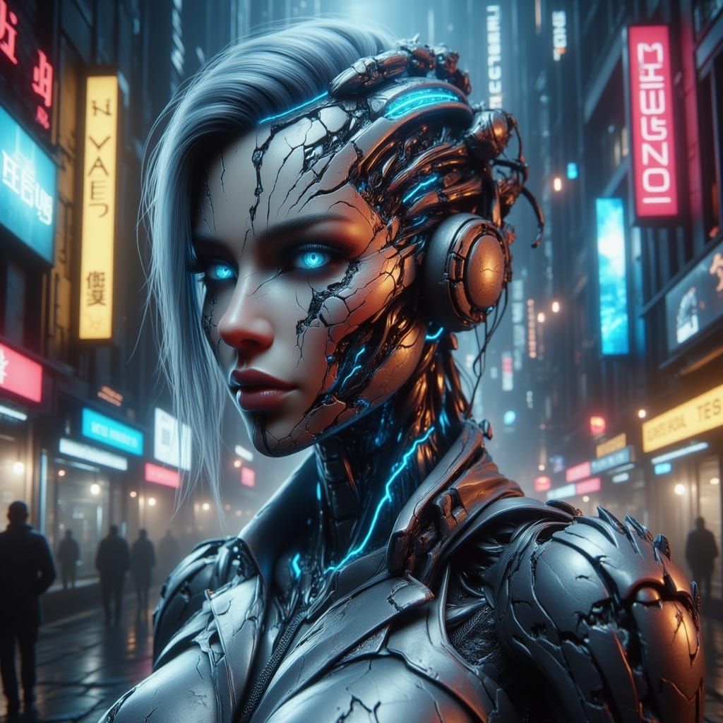 Cyberpunk Android Goddess in Neon City