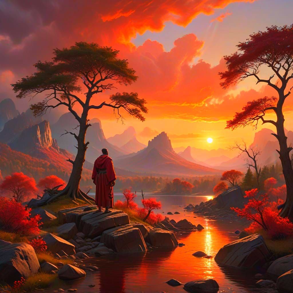 Fiery Sunset Silhouette in Hudson River School Style