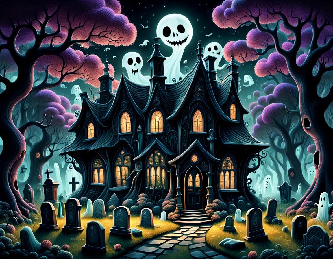 Whimsical Ghost Cottage in Dark Fantasy Art