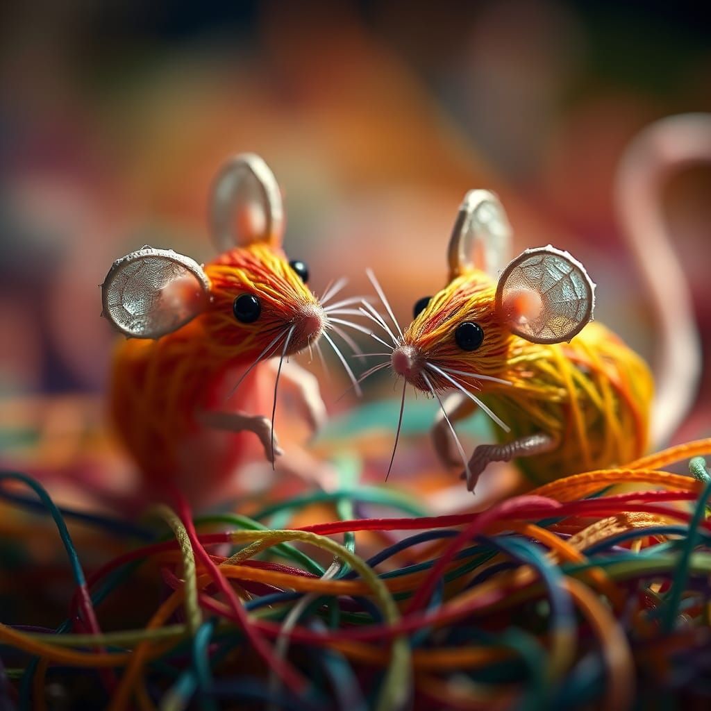 Colorful String Mice: Intricate Hyperrealistic Composition