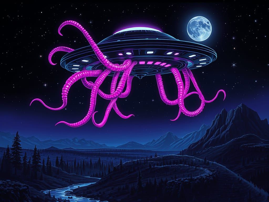 Encounters: Mysterious Black Alien UFO with Pink Tentacles over Enchanting Night Sky