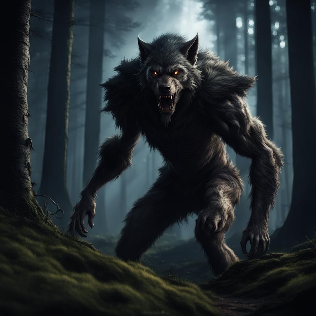 Werewolf in Forest: Fantasy Art with Cinematic Lighting