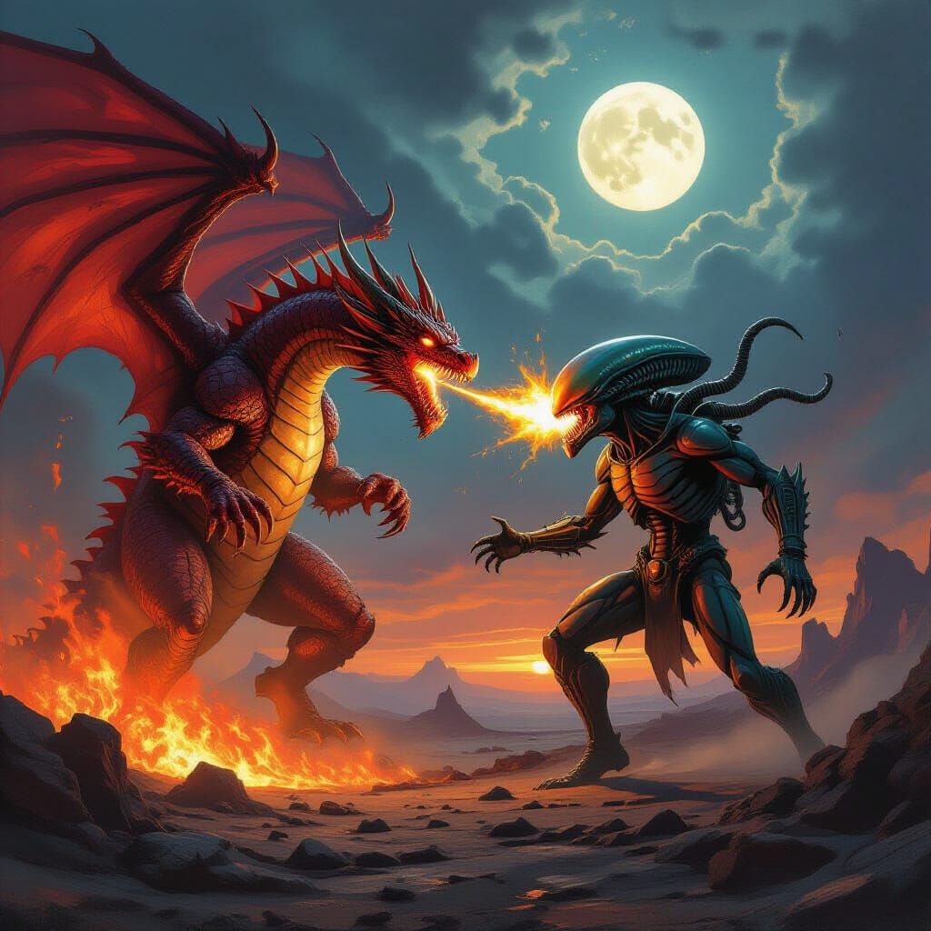 Dragon vs Alien Epic Battle in Oil Painting Style
