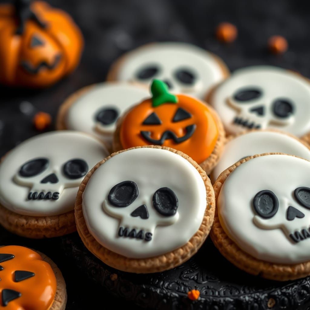 Halloween Cookies with Skull and Pumpkin Designs
