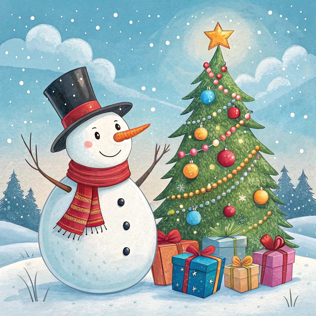 Vibrant Snowman Surrounded by Christmas Magic in Cel-Shaded....