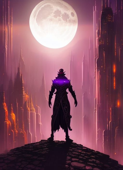 Warlock Surveys Arcane Metropolis in Fantasy Art Style
