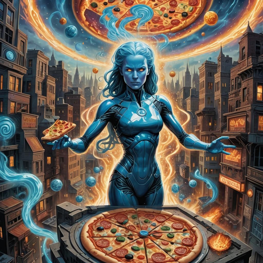 Female Dr. Manhattan Orders Pizza in Surreal Cityscape