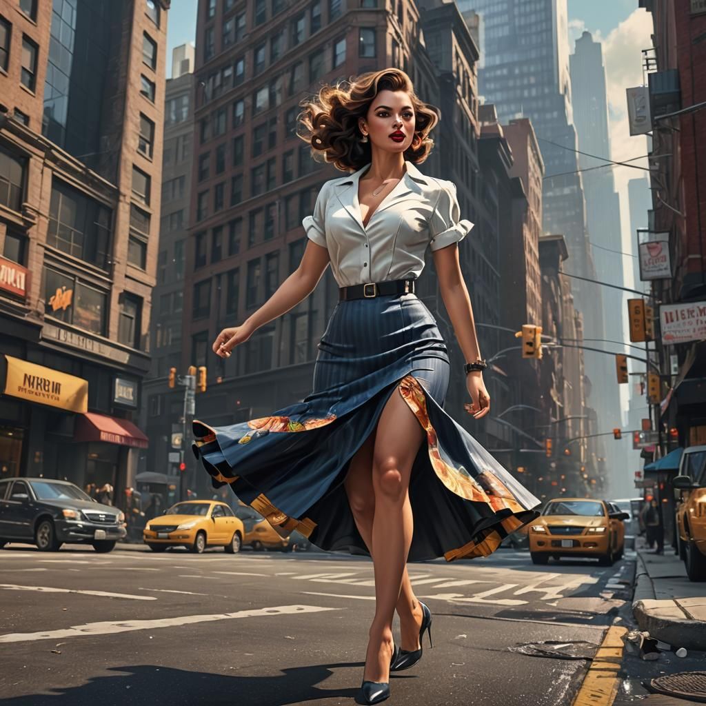 New York City Pinup Girl in Strong Wind