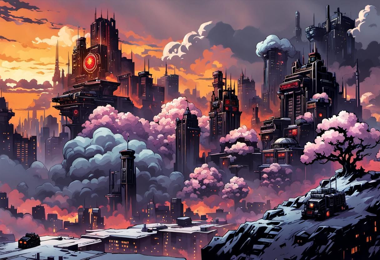 Cyberpunk Metroplex with Clouds in Comic Art Style
