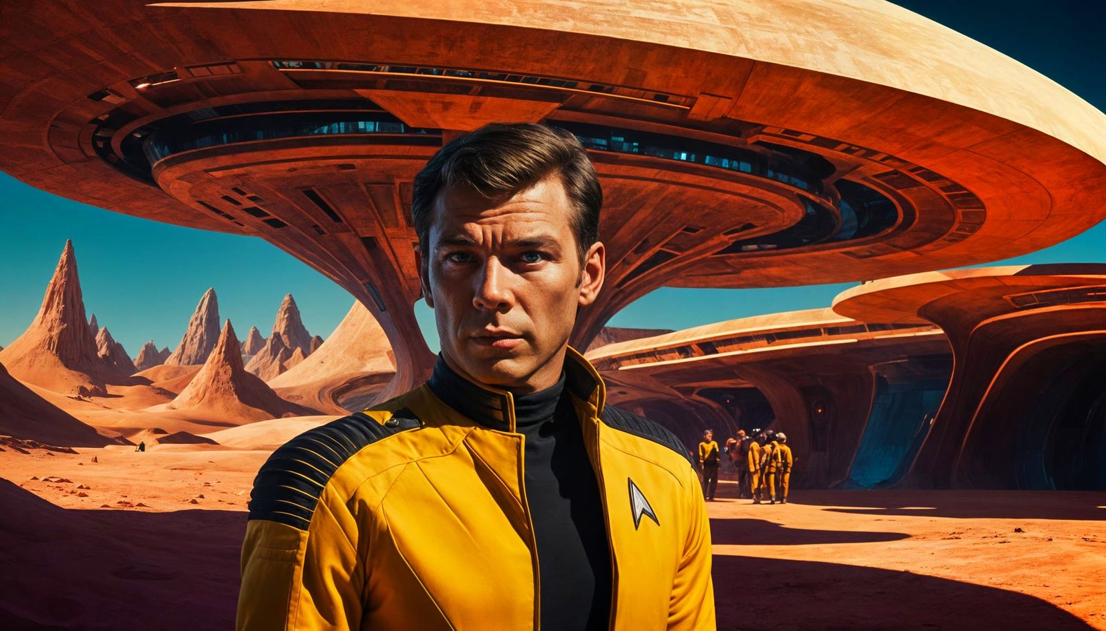 Star Trek's Captain Kirk in Retrofuturistic Alien Landscape