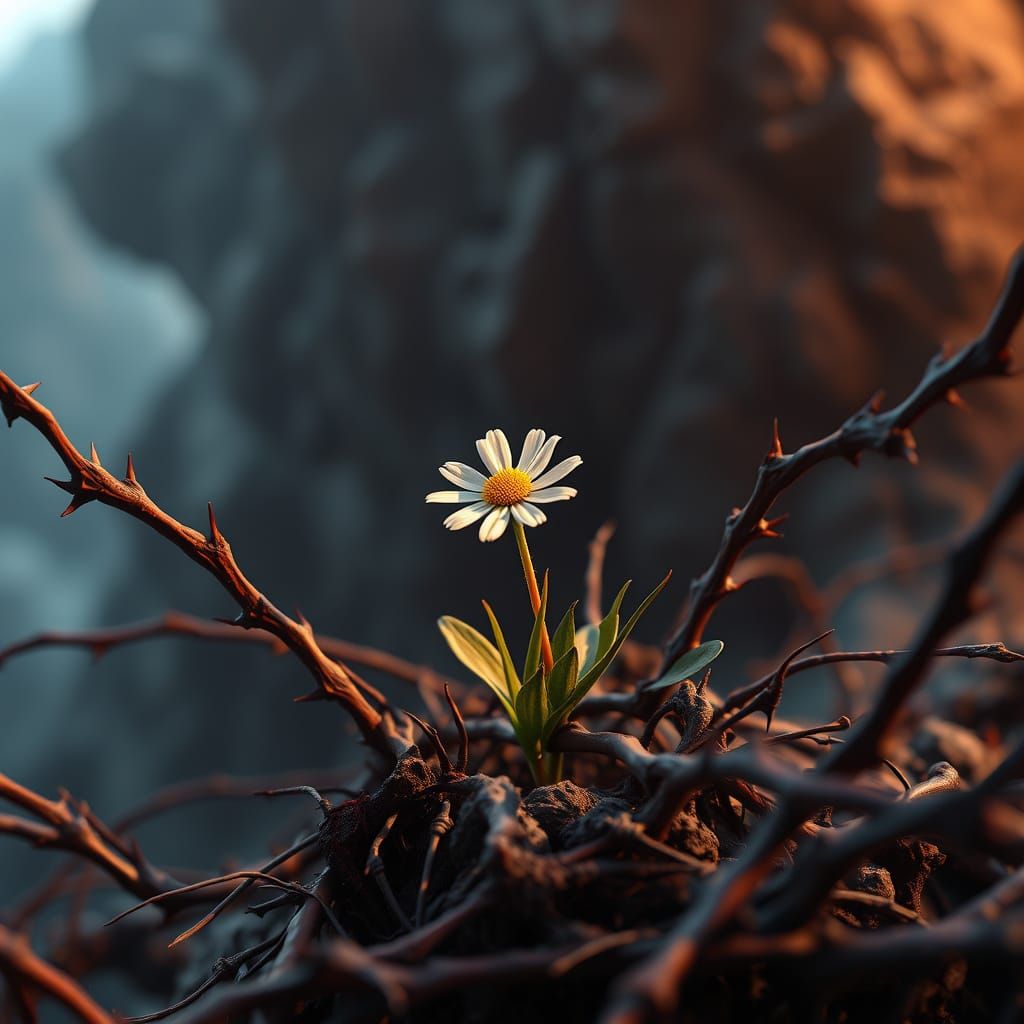 Surreal Daisy Blooms Amidst Menacing Thorns in Fantastical L...