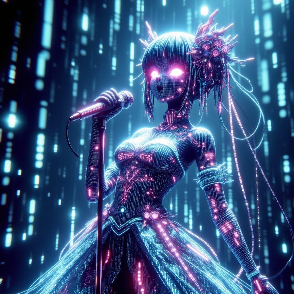 Alien Woman Fashion Model in Anime Style with Binary Code Pa...