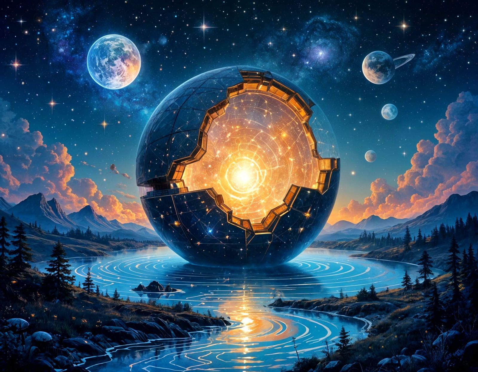 Surreal Observatory Dome with Moon Phases