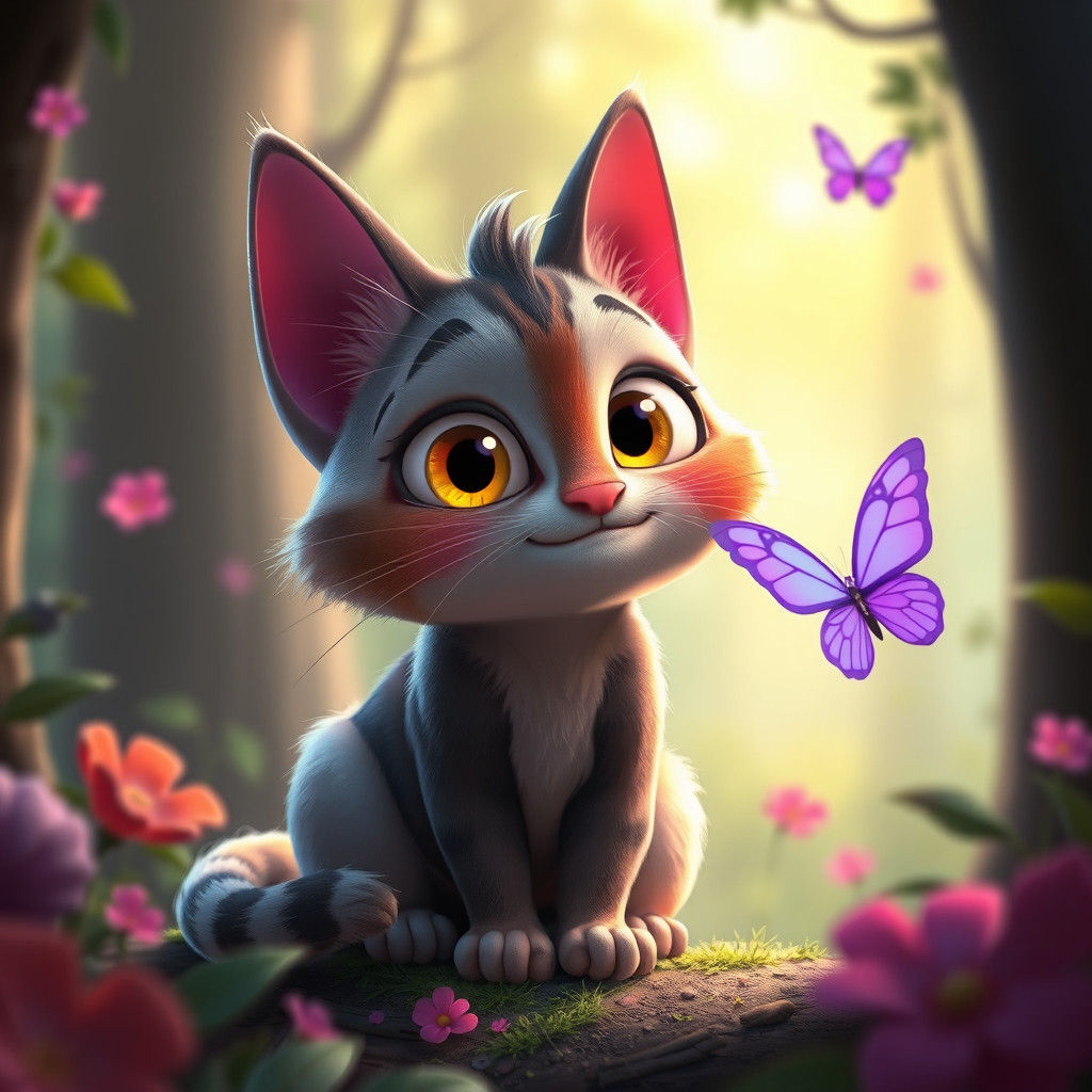 Neon Forest Cat and Butterfly in 3D Style