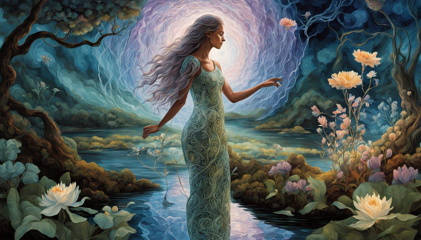 Woman Merging with Cosmic Garden, Psychedelic Eco-Art Style